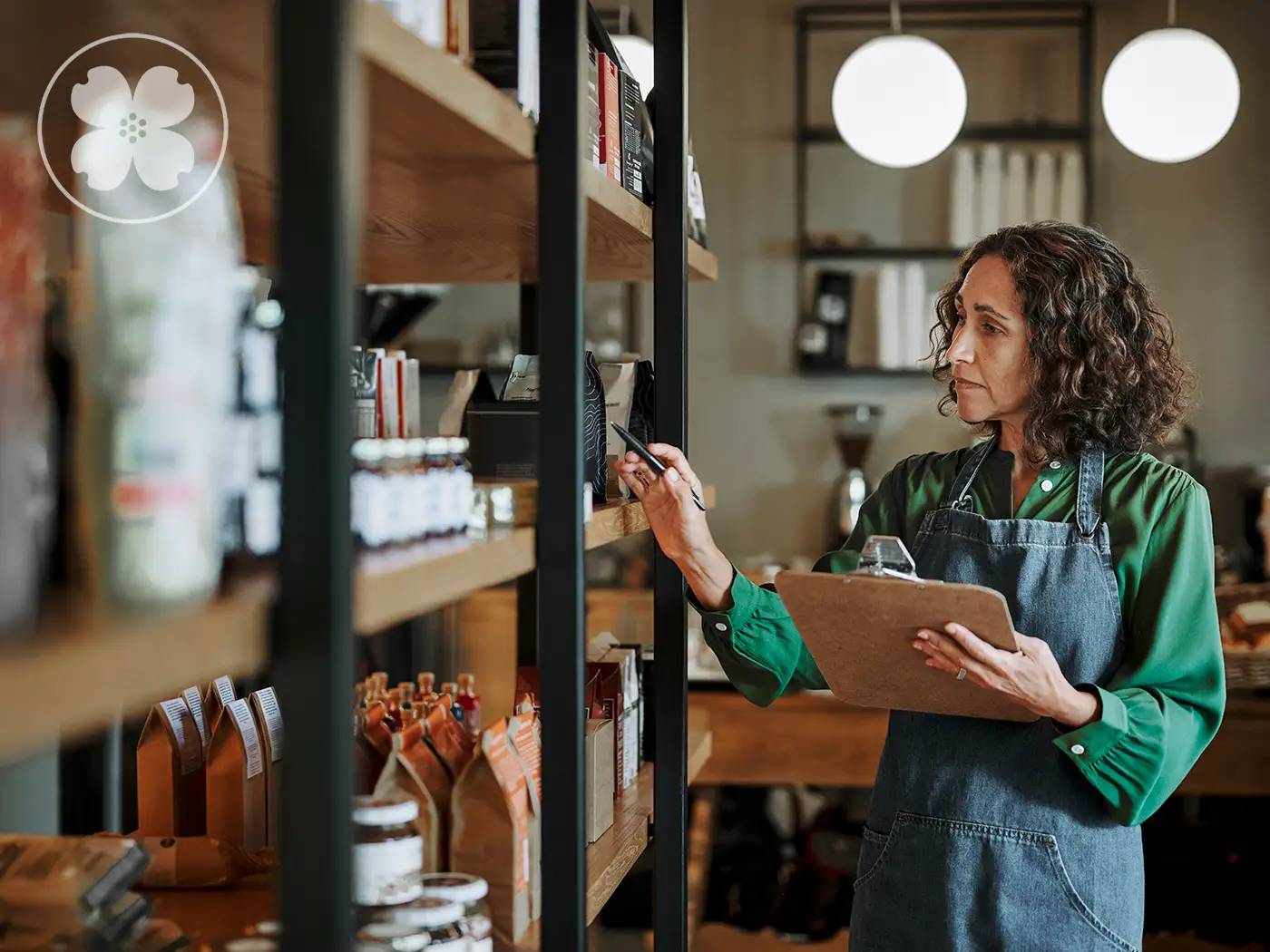 A woman checking products on a shelf.