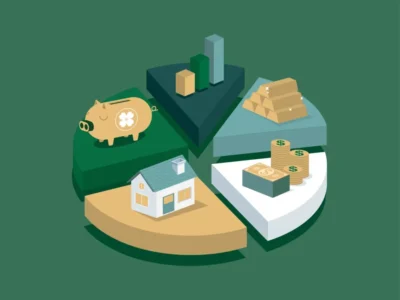 A Pie Chart With House, Money, Gold Bars, Bar Graph, And Piggy Bank On The Wedges.